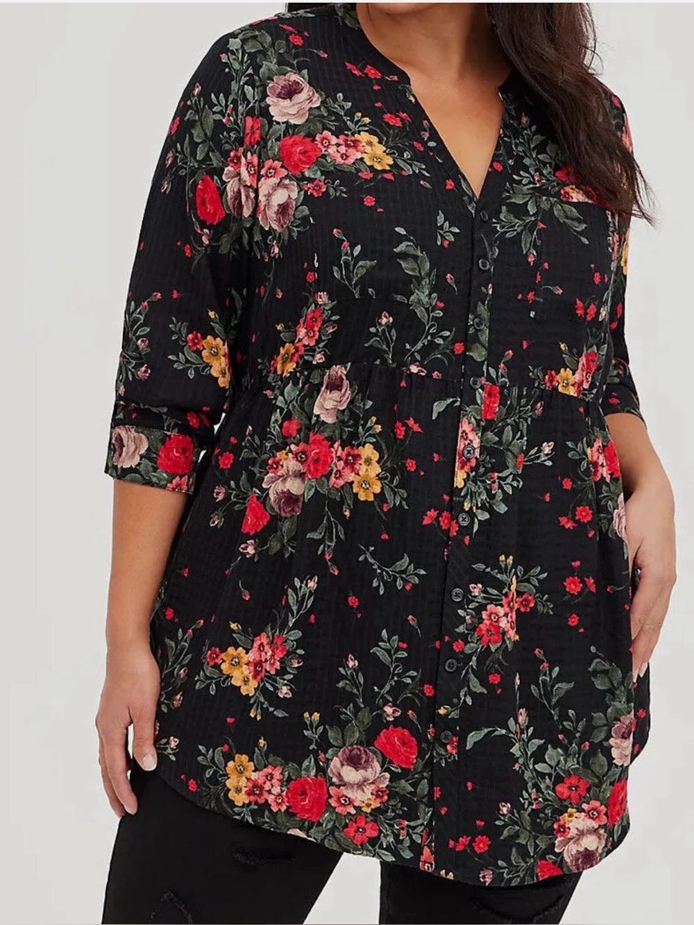 Torrid Black Floral Button-Front Peasant Blouse